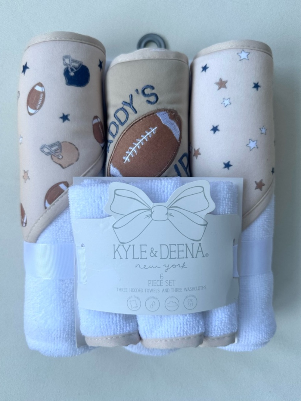 Kyle & Deena Baby Hooded Towel Set - Cream & White with Football Motif